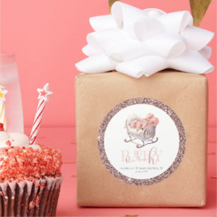 Pegatina Redonda Cesta de bebé Purpurina Baby Shower personalizada