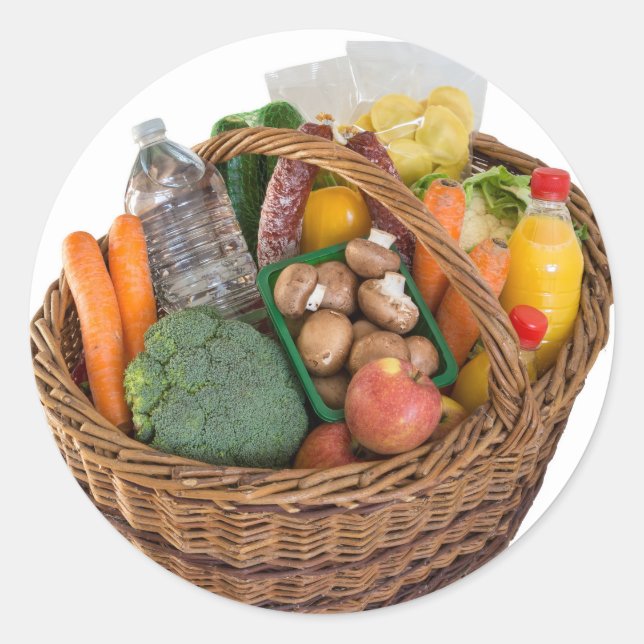 Pegatina Redonda Cesta de compras con alimentos, frutas y verduras (Anverso)