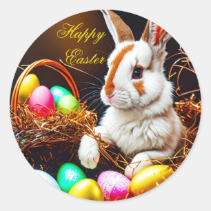 Pegatina Redonda Cesta de conejo y huevos de Pascua