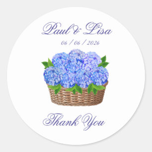 Pegatina Redonda Cesta de flores de Hortensia Azul con Monograma pa