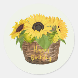 Pegatina Redonda Cesta de girasoles de cumpleaños feliz
