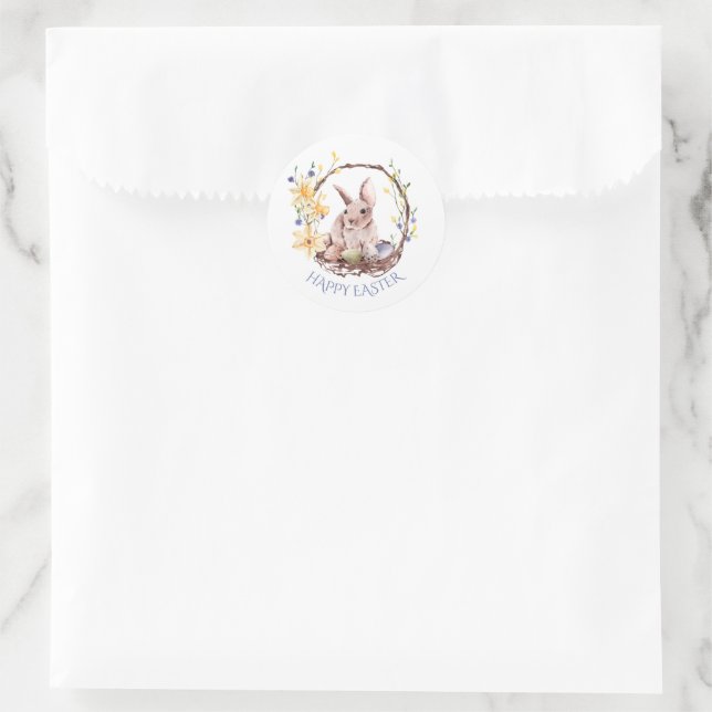 Pegatina Redonda Cesta de Huevos de Pascua: Daffodils y Conejo (Bolso)