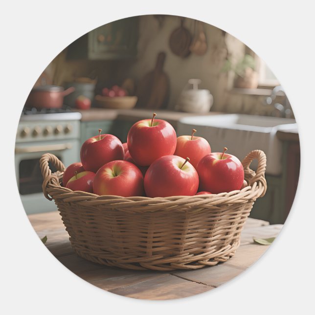 Pegatina Redonda Cesta de Manzanas Rojas (Anverso)
