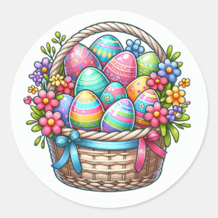 Pegatina Redonda Cesta de Pascua de Huevos Lindo Pliego de