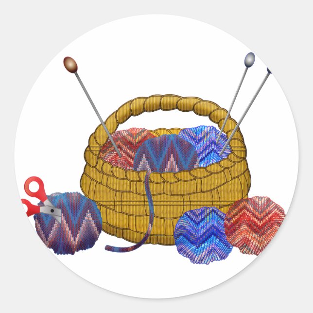 Pegatina Redonda Cesta de Yarn Knitting Needles Crochet (Anverso)