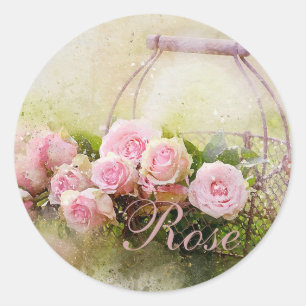 Pegatina Redonda Cesta rosa rosa