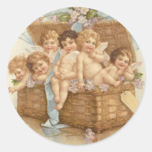 Pegatina Redonda Cesta Vintage Llena De Angel Cherubs