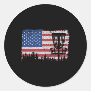 Pegatina Redonda Cesto de Golf con Disco Bandera Americana de EE. U