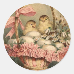 Pegatina Redonda Cesto de Pascua Huevo Pollito Lazo Rosa