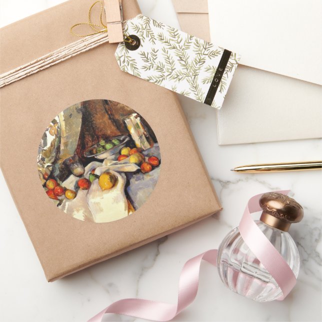 Pegatina Redonda Cezanne - Still Life Post, Bottle, Cup and Fruit (Regalar)