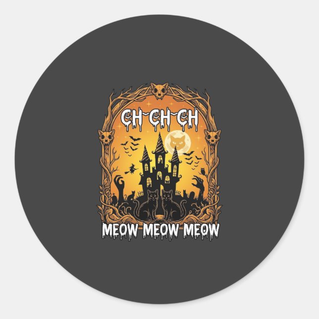 Pegatina Redonda Ch Meow Castillo Embrujado de Halloween_1 (Anverso)