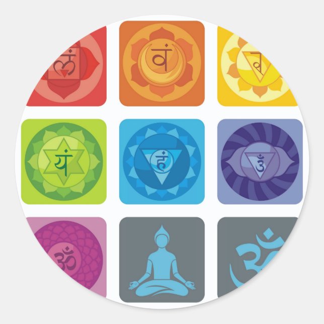 Pegatina Redonda chakra, ohm, aura, zen, chakras, yoga, yogui, sana (Anverso)