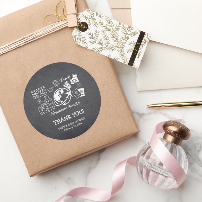 Pegatina Redonda Chalkboard Adventure espera Baby Shower (Regalar)