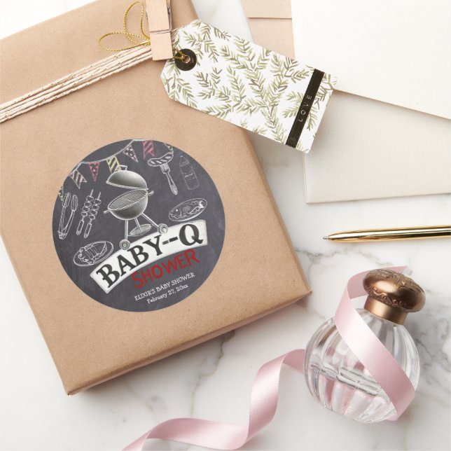 Pegatina Redonda Chalkboard Baby-Q Grill Baby Shower (Regalar)