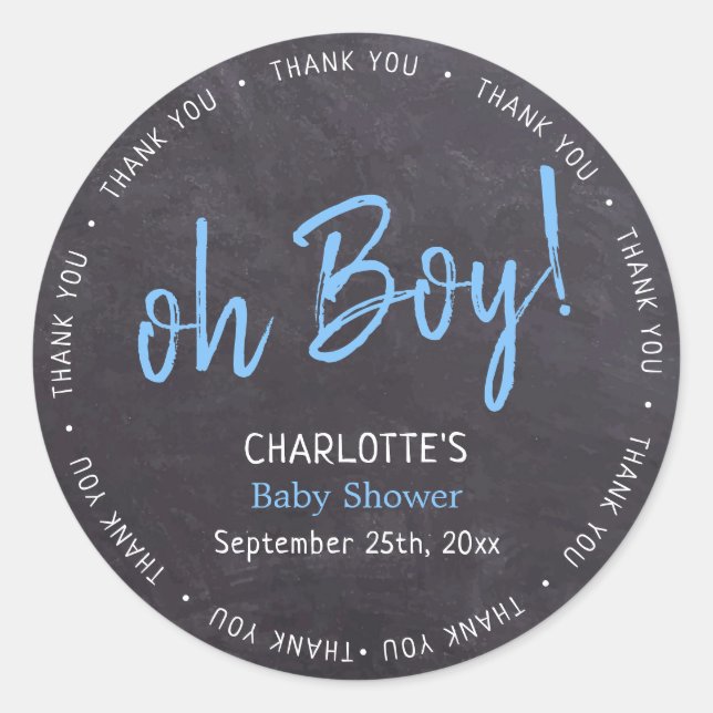 Pegatina Redonda Chalkboard Blue Boy Baby Shower Gracias (Anverso)