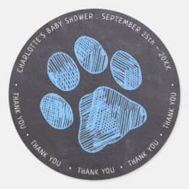 Pegatina Redonda Chalkboard Blue Paw Imprimir Baby Shower Gracias