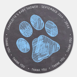 Pegatina Redonda Chalkboard Blue Paw Imprimir Baby Shower Gracias