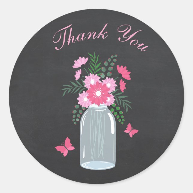 Pegatina Redonda Chalkboard Design Floral Mason Jar (Anverso)