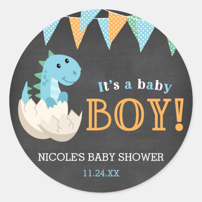 Pegatina Redonda Chalkboard Dinosaur Boy Baby Shower (Anverso)