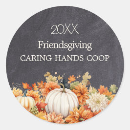 Pegatina Redonda Chalkboard Fall Pumpkin Floral Friendsgiving Year
