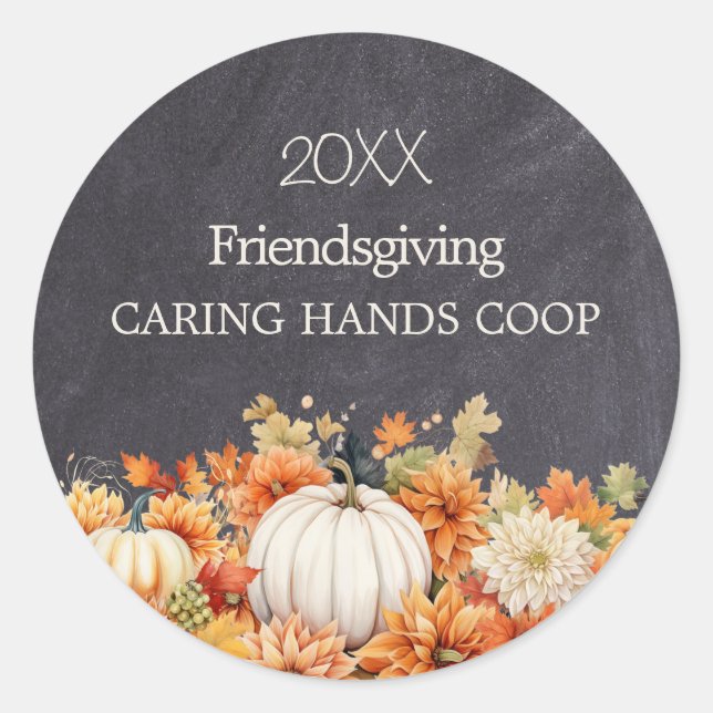 Pegatina Redonda Chalkboard Fall Pumpkin Floral Friendsgiving Year (Anverso)