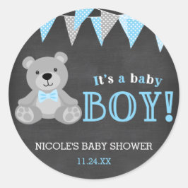 Pegatina Redonda Chalkboard Gray Teddy Bear Boy Baby Shower