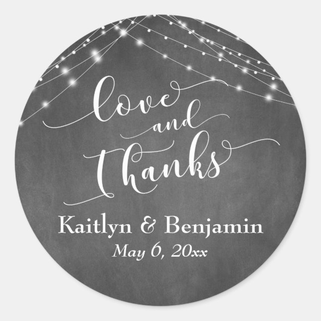 Pegatina Redonda Chalkboard Ilumina Boda Script Love and Gracias (Anverso)