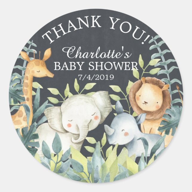 Pegatina Redonda Chalkboard Jungle Baby Shower Gracias (Anverso)
