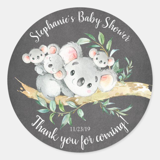 Pegatina Redonda Chalkboard Koala Bear Triplets Baby Shower Favor (Anverso)