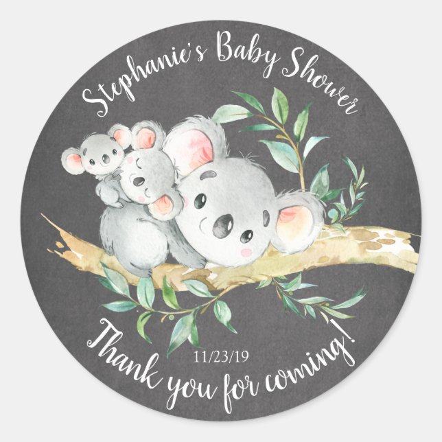 Pegatina Redonda Chalkboard Koala Bear Twins Baby Shower Favor (Anverso)