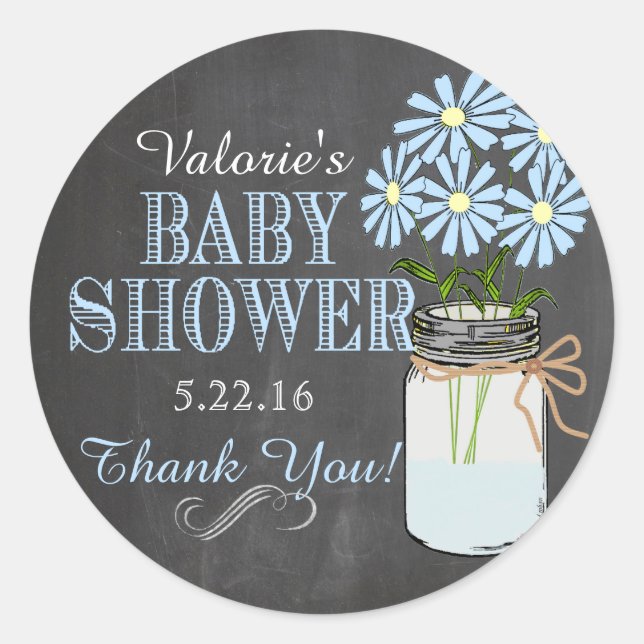 Pegatina Redonda Chalkboard Look Mason Jar Blue Flowers Baby Shower (Anverso)