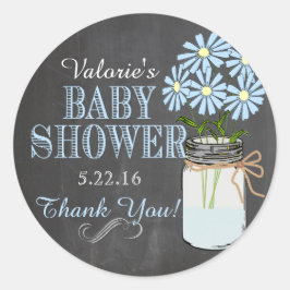 Pegatina Redonda Chalkboard Look Mason Jar Blue Flowers Baby Shower