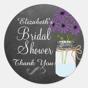 Pegatina Redonda Chalkboard Look Mason Jar con flores moradas oscur