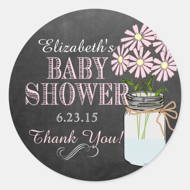 Pegatina Redonda Chalkboard Look Mason Jar Flowers rosa Baby Shower (Anverso)