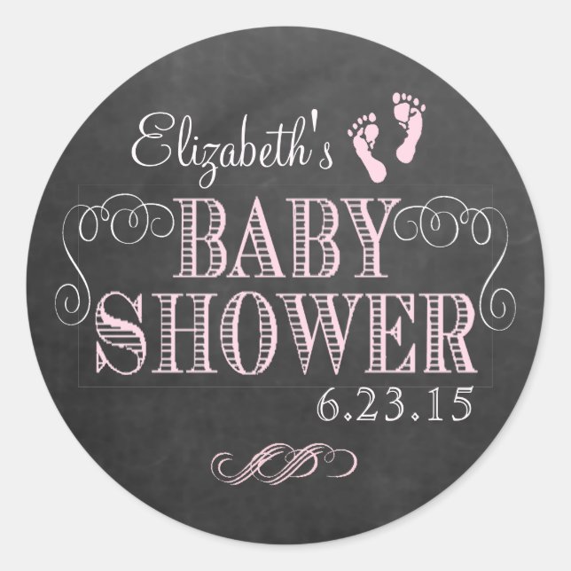 Pegatina Redonda Chalkboard Look Pink Baby Shower (Anverso)