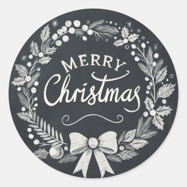 Pegatina Redonda Chalkboard Merry Christmas Wreath Pegatinas (Anverso)