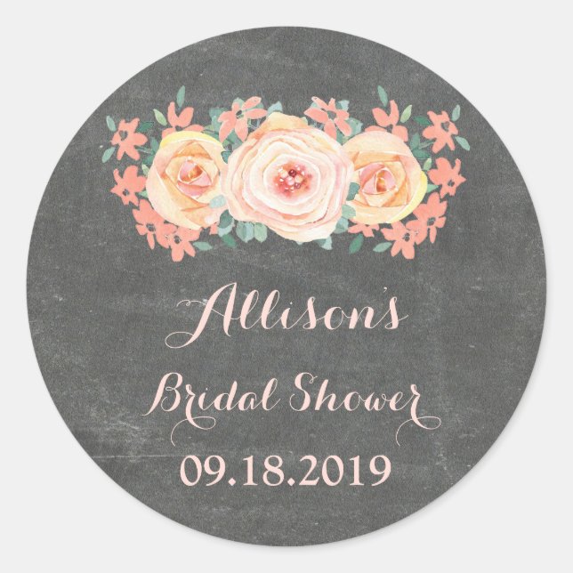 Pegatina Redonda Chalkboard Peach Floral Bridal Shower Favorito Eti (Anverso)