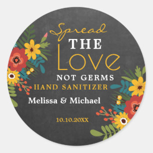 Pegatina Redonda Chalkboard Spread Love Hand Sanitizer Boda