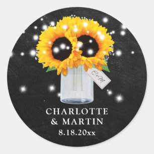 Pegatina Redonda Chalkboard Sunflower Mason Jar Monograma Boda