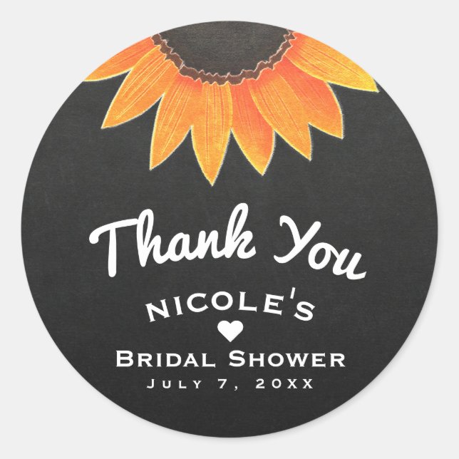 Pegatina Redonda Chalkboard Sunflower Rustic Country Bridal Shower (Anverso)