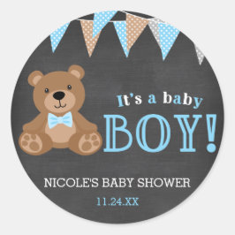 Pegatina Redonda Chalkboard Teddy Bear Boy Baby Shower