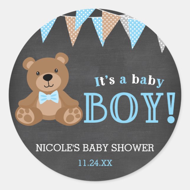 Pegatina Redonda Chalkboard Teddy Bear Boy Baby Shower (Anverso)
