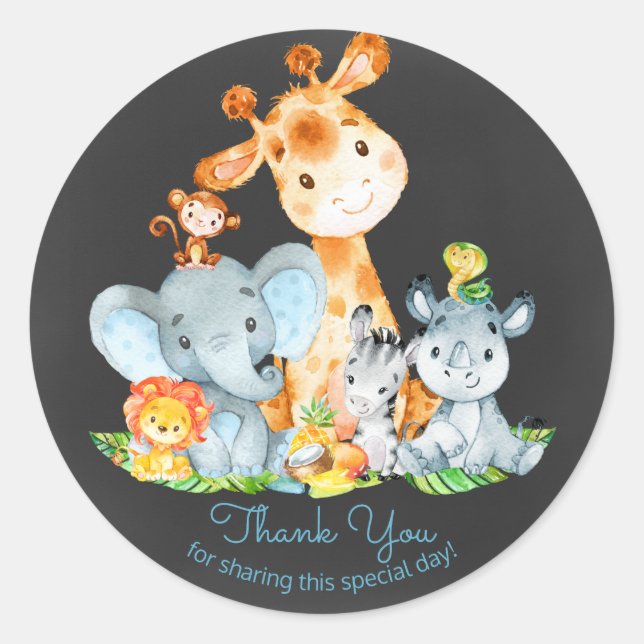Pegatina Redonda Chalkboard Watercol Cute Jungle Animales Gracias (Anverso)
