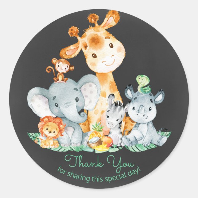 Pegatina Redonda Chalkboard Watercol Cute Jungle Animales Gracias (Anverso)