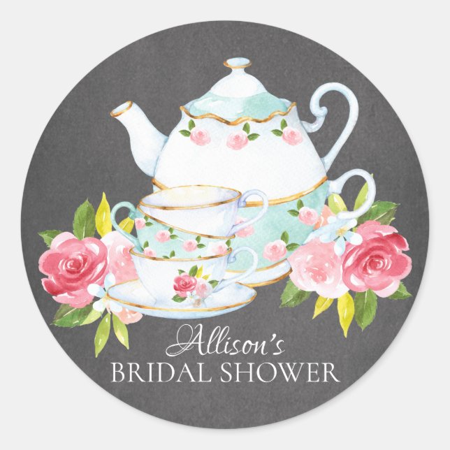 Pegatina Redonda Chalkboard Watercolor Bridal ShowerTea Party (Anverso)