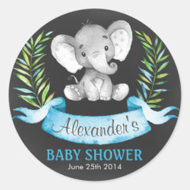 Pegatina Redonda Chalkboard Watercolor Elephant Boy Baby Shower