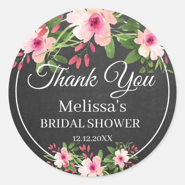 Pegatina Redonda Chalkboard Watercolor Floral Bridal Shower (Anverso)