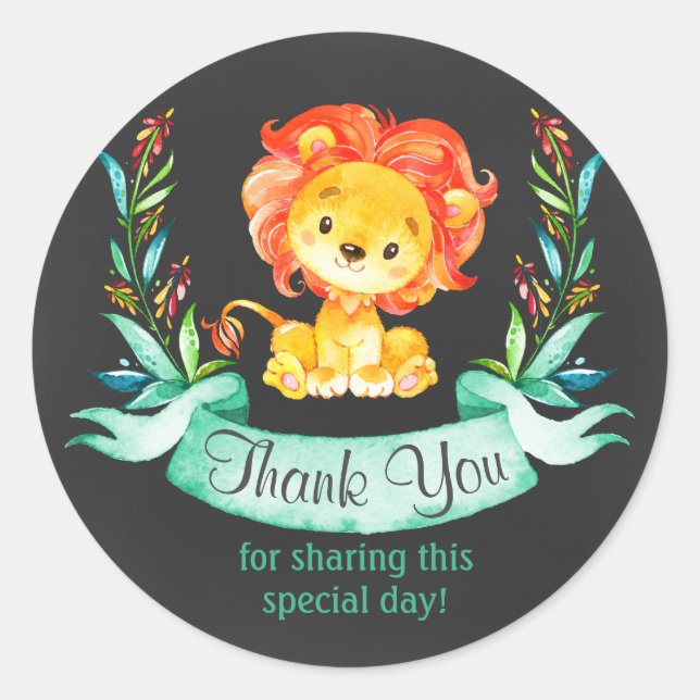 Pegatina Redonda Chalkboard Watercolor Lion Gracias (Anverso)