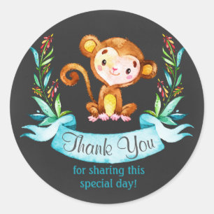 Pegatina Redonda Chalkboard Watercolor Monkey Boy Gracias