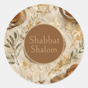 Pegatina Redonda Challah Botánico, Beige Dorado, Shabbat Rústico